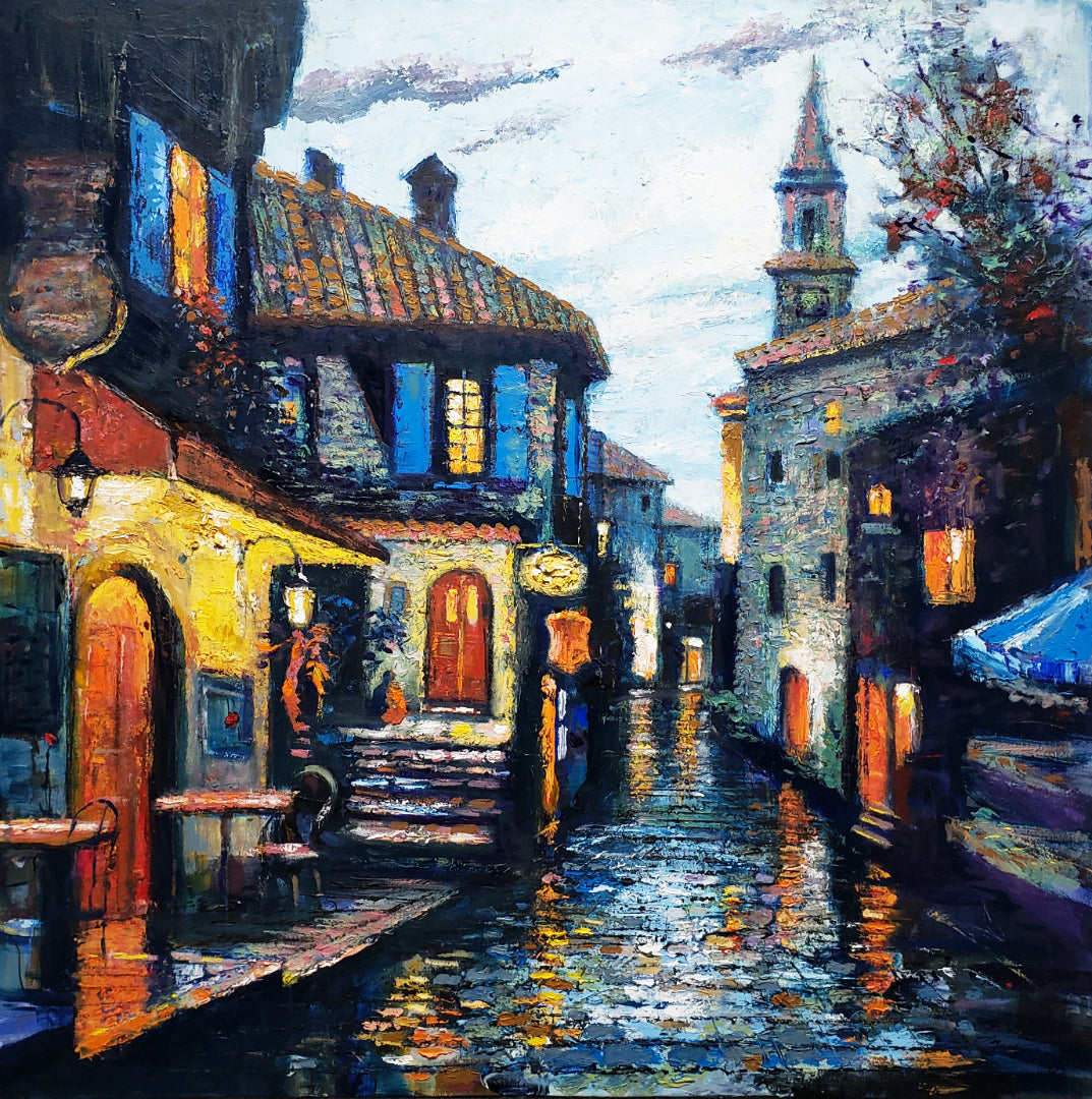 Evening Village Street/#158/48x48 inch